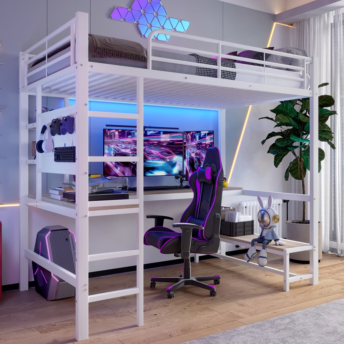 Wishdor Hoogslaper 90x200 cm - Met bureau en opbergruimte - Met trap, uitvalbeveiliging, LED-verlichting en USB-C - Modern - Slapen en studeren - Metaal en MDF - Wit