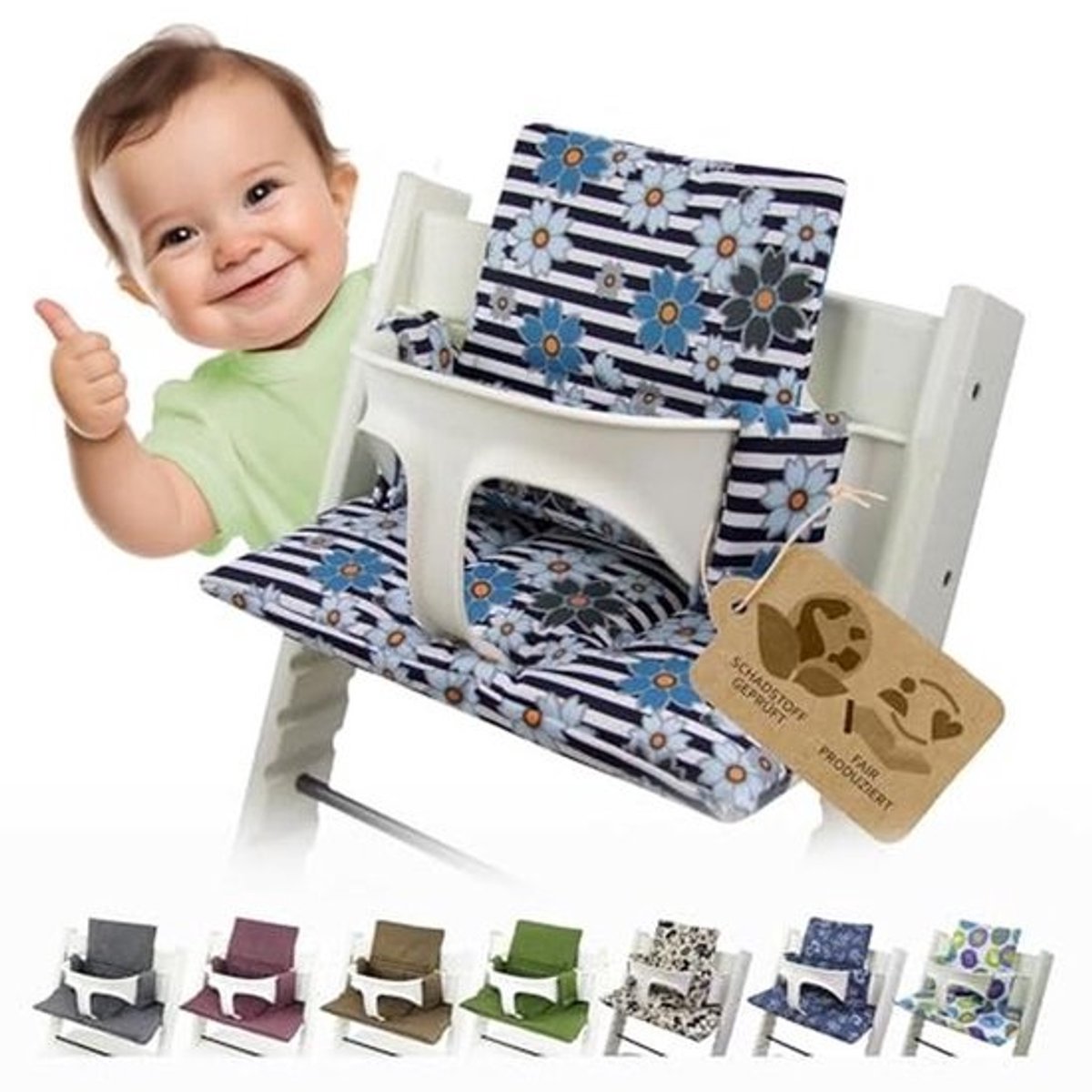 Vervangende hoes voor zitkussen en kussenset voor stoelverkleiner - Compatibel met Stokke Tripp Trapp - Bloemen en Strepen Design