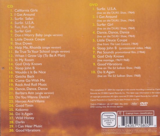Achterkant van de CD 'Sights & Sounds Of Summer/Very Best Of The Beach Boys' met tracklist en productinformatie.