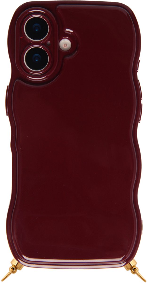 Casies Burgundy red hoesje geschikt voor iPhone 16 Plus met gouden hangers voor koord - Bordeaux rood wavy smartphone case