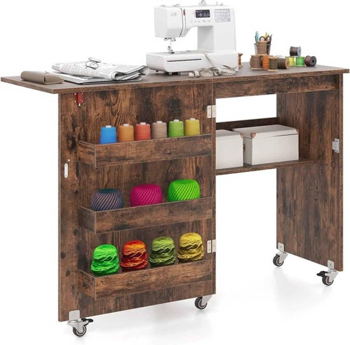 Inklapbare Naaimachinekast met Wielen – 2-in-1 Houten Bureau en Opbergmeubel voor Thuis en Kantoor