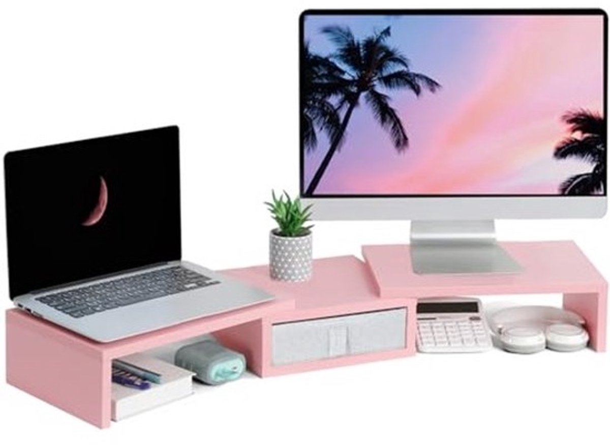 Verstelbare Dubbele Monitorstandaard met Opberglade - Ergonomische Hoek Bureau Organizer voor 2 Laptops/Schermen - 37 inch