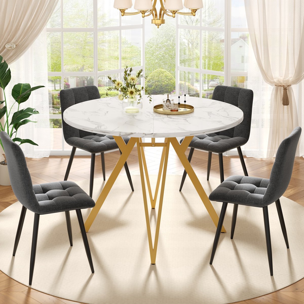 Wishdor Eetset met ronde tafel en 4 stoelen - Marmereffect blad tafelpoot - Modern voor eetkamer keuken werkplek - Hout en metaal - Goud grijs - 100 x 100 x 76 cm