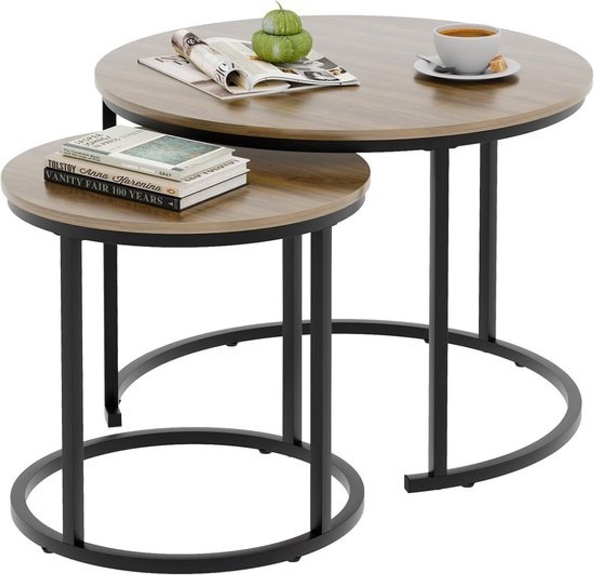 Set van 2 Ronde Bijzettafels met Metalen Frame voor Woonkamer en Slaapkamer