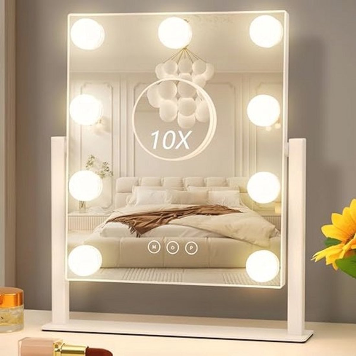 Hollywood Make-upspiegel met Verlichting en Dimbare LED-lampen - 3 Kleurverlichtingsmodi, 10x Vergrotende Spiegel, 360° Rotatie
