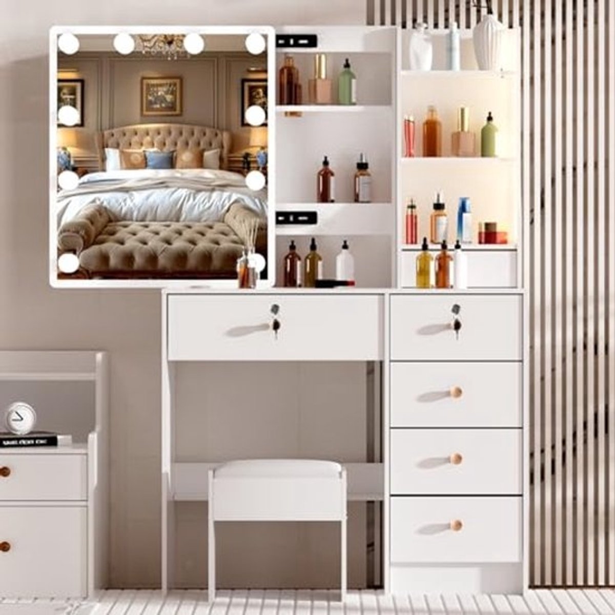 Make-uptafel Met Verlichting en Instelbare Helderheid, 6 Laden en Planken, Wit