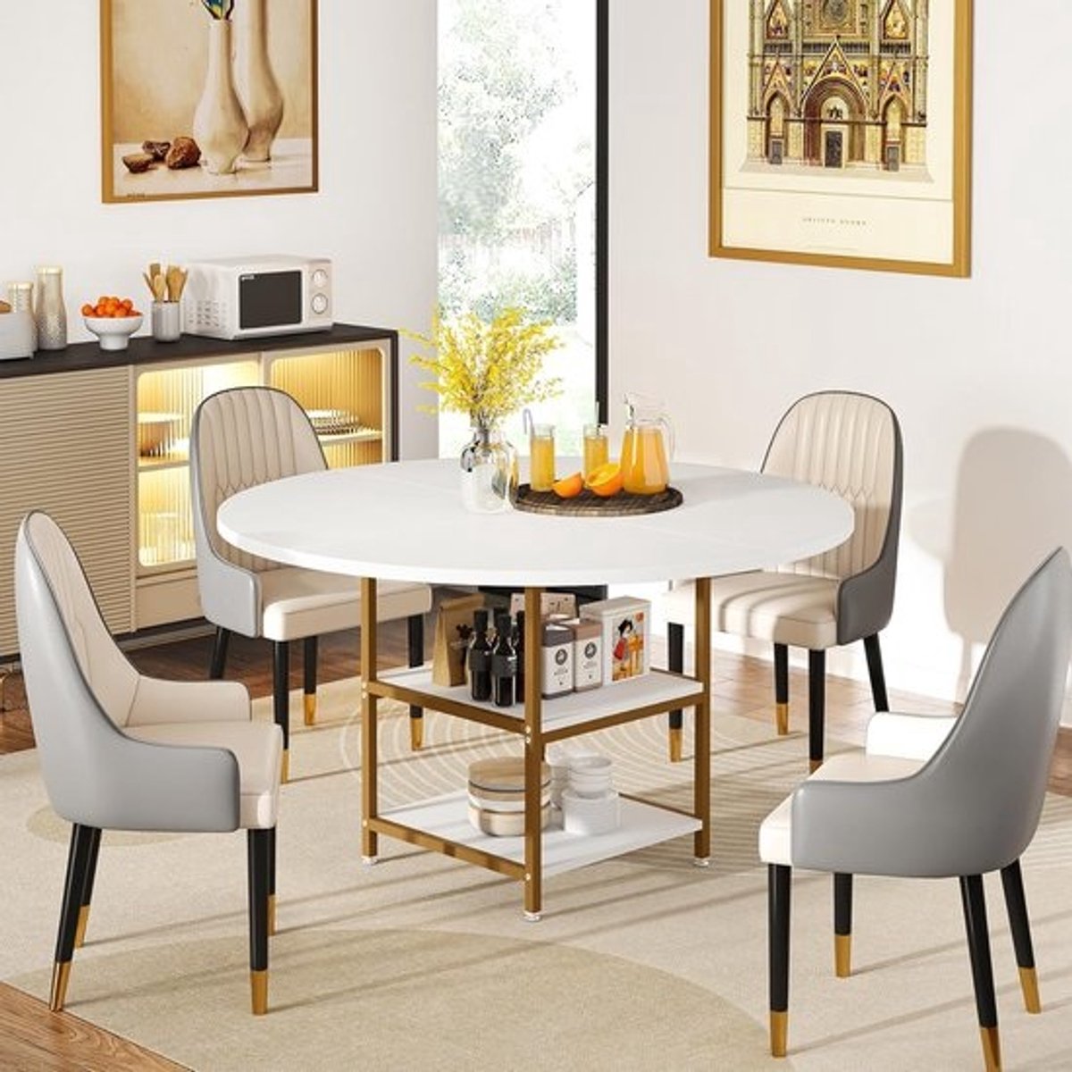 Ronde Eettafel voor 4 Personen met Planken - Witte Houten Blad en Gouden Poten