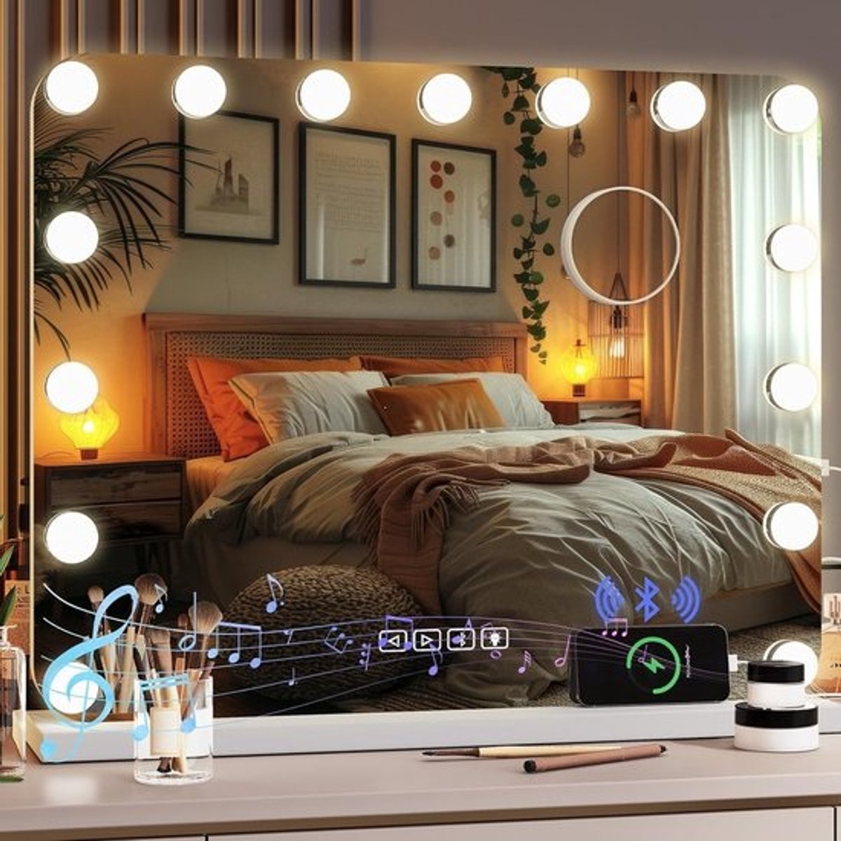 Dimbare Bluetooth Make-upspiegel met Verlichting - Hollywood Spiegel 58 x 46 cm, 15 LEDs, 3 Lichtkleuren, 10x Vergroting