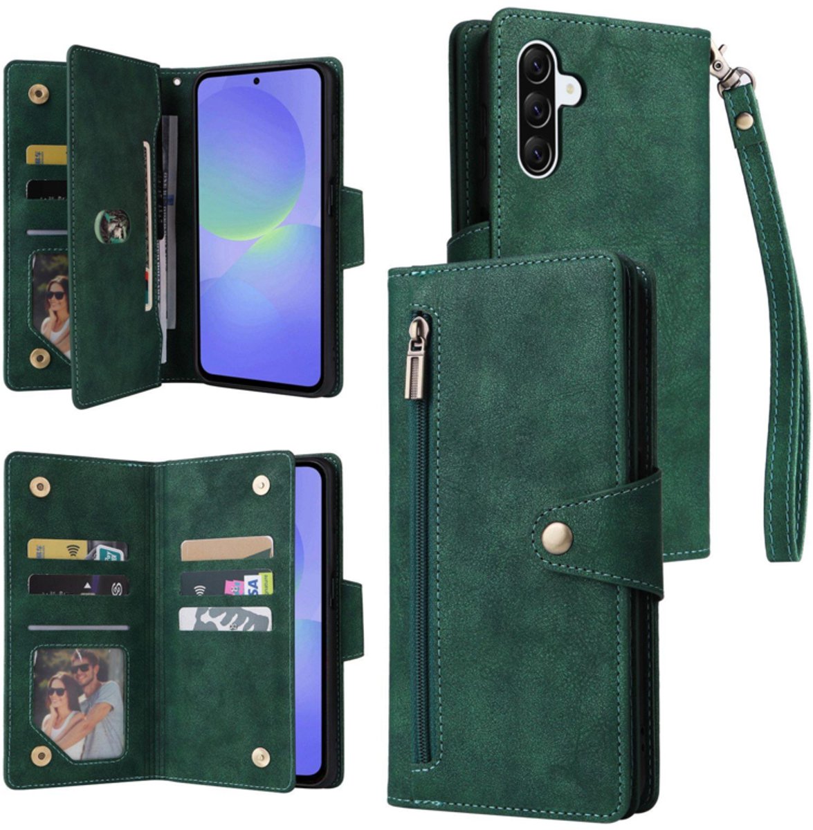 7-Pas Boek-Cover Portemonnee Etui Hoes geschikt voor Samsung Galaxy A37 - A36 - A56 - Groen