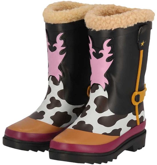 Paar cowboy-regenlaarzen met koeienprint, roze inzetstukken, gele sterren en een warme voering van imitatiebont.