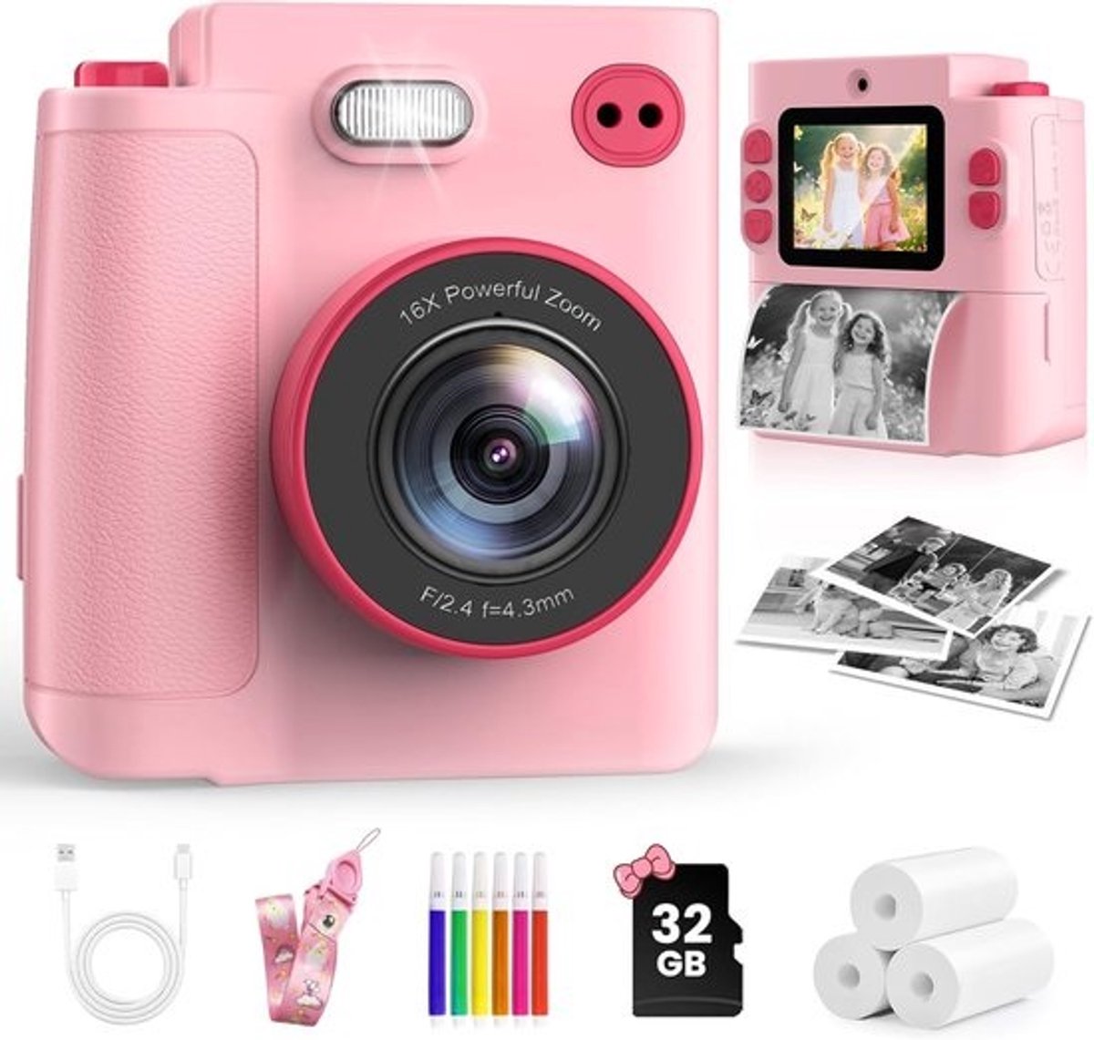 Kinder Camera - Direct Print Camera - Foto's Maken Printen - Inclusief 32GB Kaart - 1080P Video - Roze