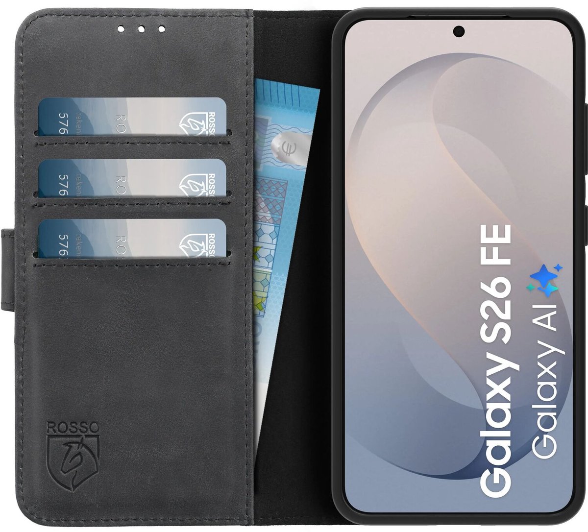 Rosso Deluxe Echt Leer Hoesje Geschikt voor Samsung Galaxy S26 FE | Ruimte voor drie pasjes | Portemonnee Book Case | Met Pasjeshouder | Zwart