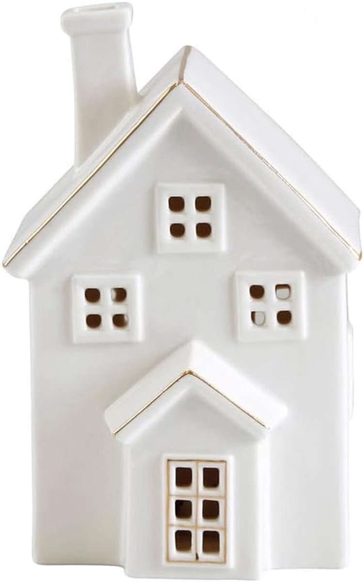 Keramisch Decoratief Huis - Sfeerlicht Huisje - Sfeervolle Verlichting - Delicate Gouden Rand - 10 x 16 x 8 cm
