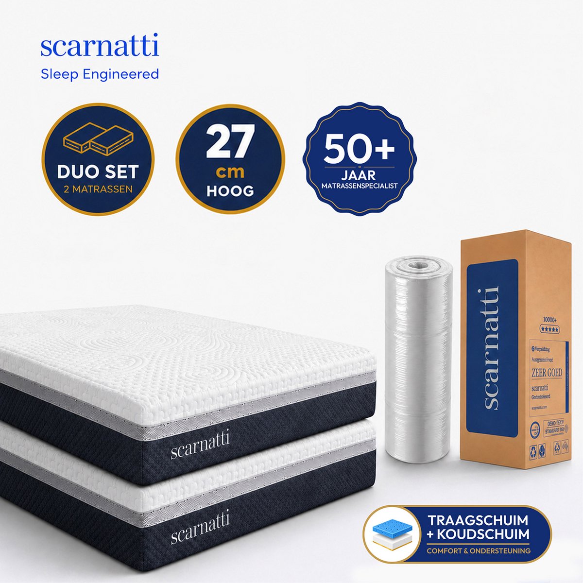 SCARNATTI Excellence Duo-Pack 2 Matrassen 100x200 - 27 cm - Traagschuim & Koudschuim - 7 Zones - Drukverlagend Wit