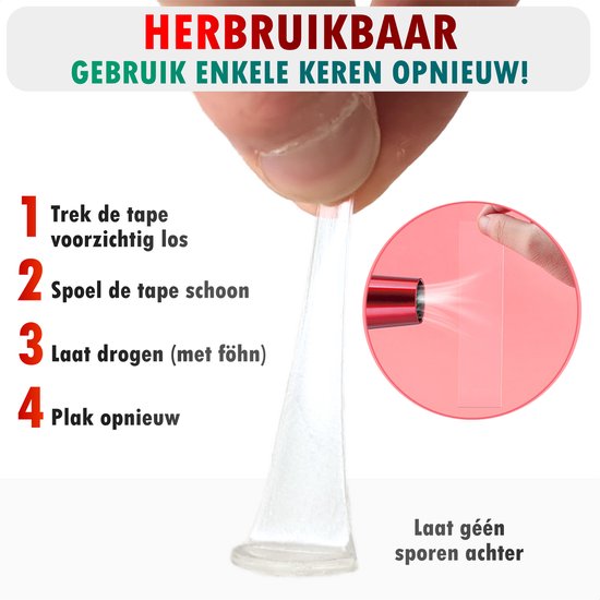 Gebruiksaanwijzing voor herbruikbare Tenta tape: losmaken, schoonspoelen, laten drogen met föhn, opnieuw opplakken. Laat geen sporen achter.