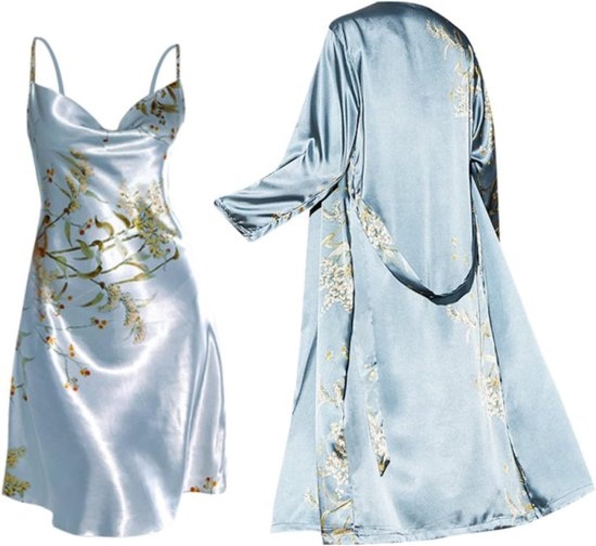 Dames Badjas Licht Satijn - Tweedelige Nachtkledingset met Kimono en Nachthemd, Ochtendjas met Spaghettibandjes, Kort Negligé, Pyjamaset