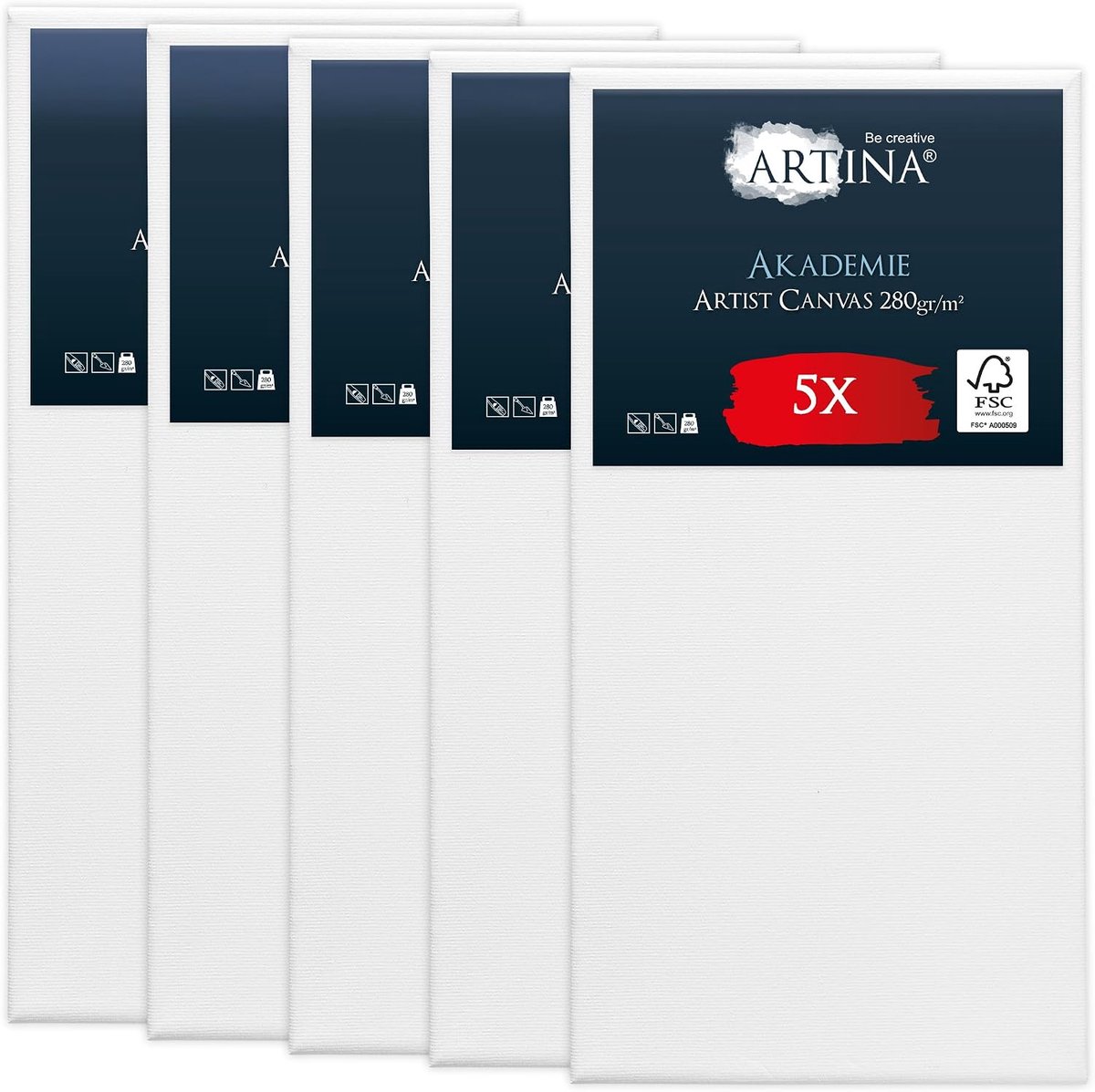 Artina Set van 5 Canvas Schildersdoek FSC® 30x60 cm met Spieraam van 100% Katoen Akademie