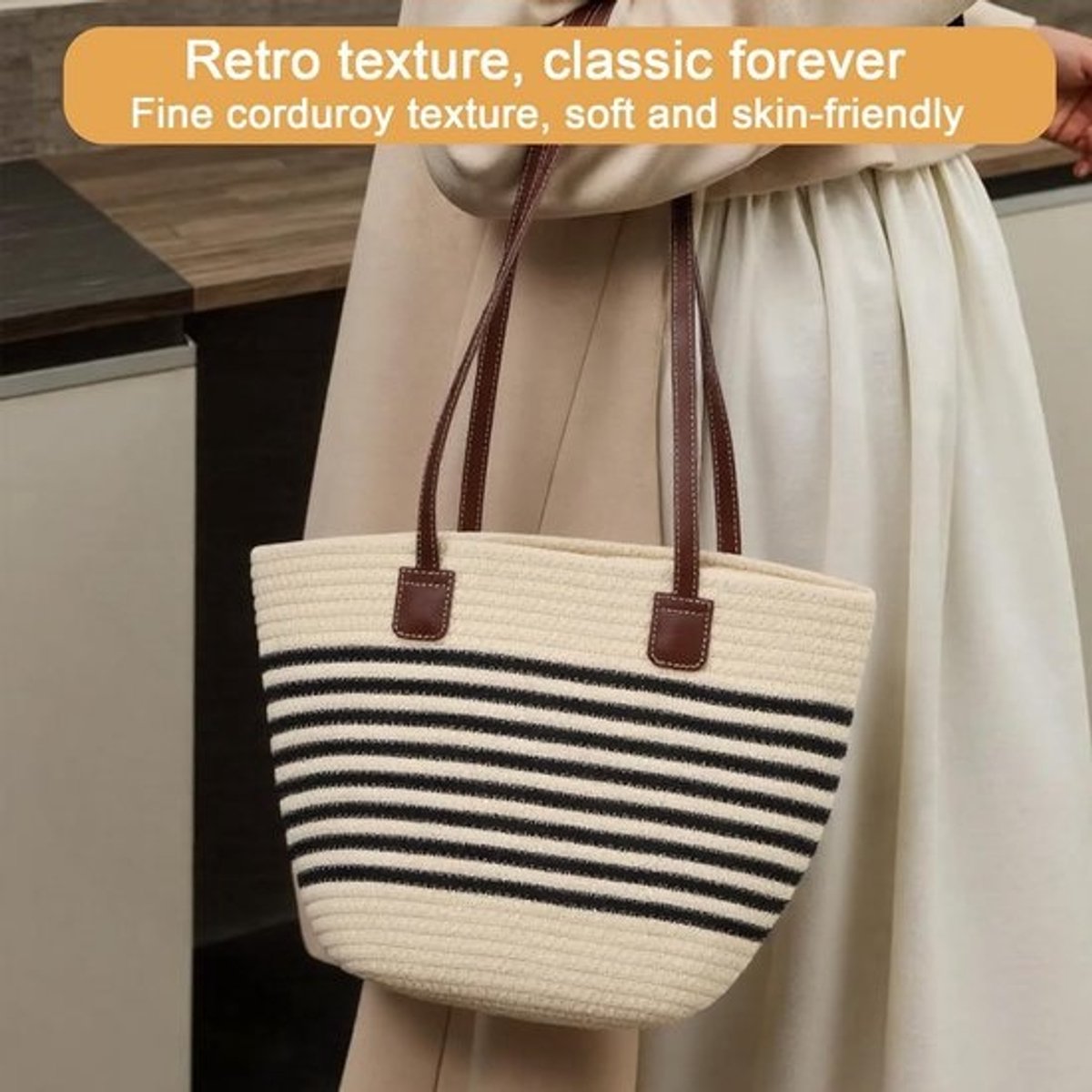 Grote Gestreepte Strandtas van Stro met Leren Handvat - Zomerse Boho Tote voor Dames