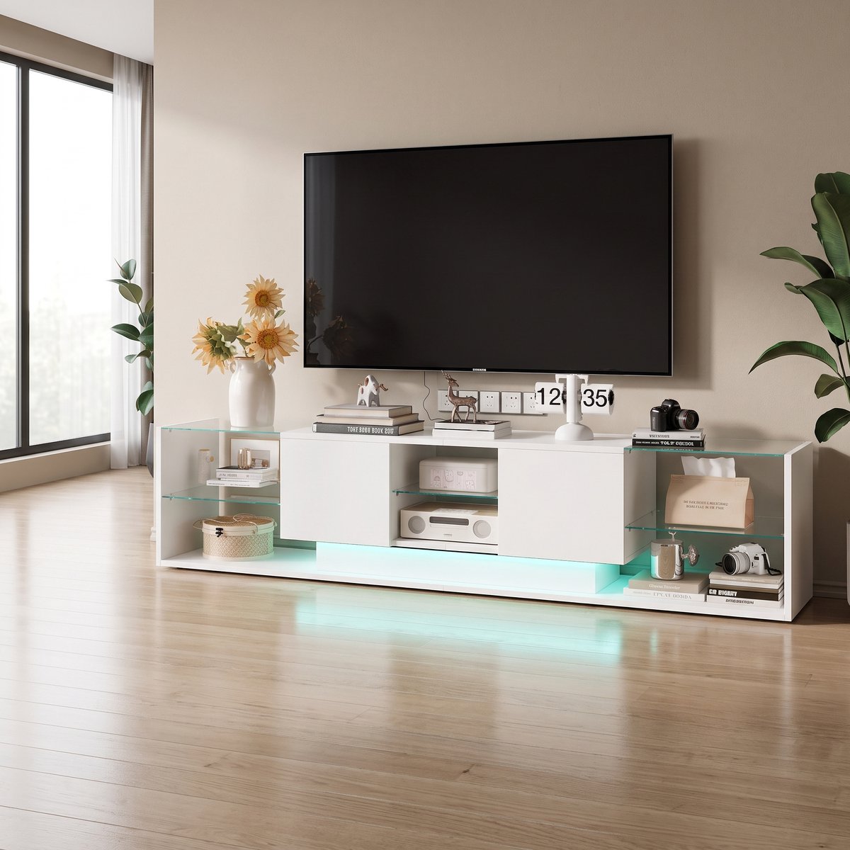MEXUS Glanzend TV-Meubel met Ledverlichting, Twee Glazen Planken en Open Vakken, Ldeaal Woonkamer, Eetkamer TV-Meubel Afmetingen: 200 x 35 x 45 cm. (Wit)