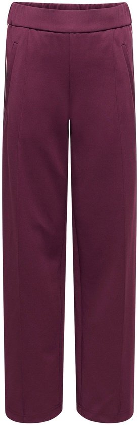 Paarse joggingbroek met witte en zwarte strepen aan de zijkant.
