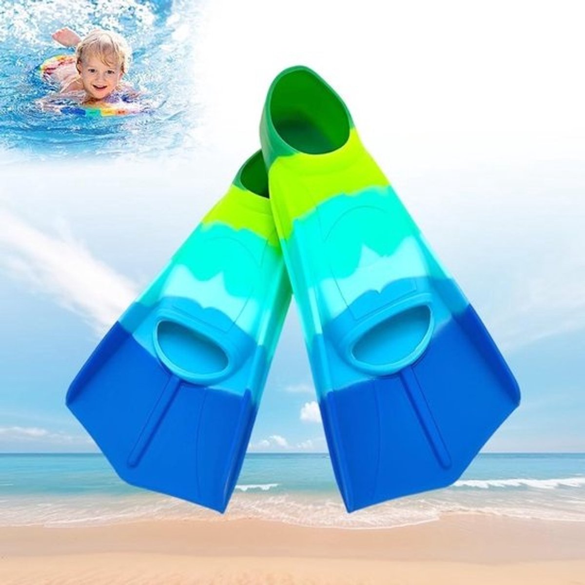 Zwemvliezen Kinderen - Korte Vinnen - Zwemtraining Verbeteren - Antislip Zool - Buitenlengte 24cm - Blauw
