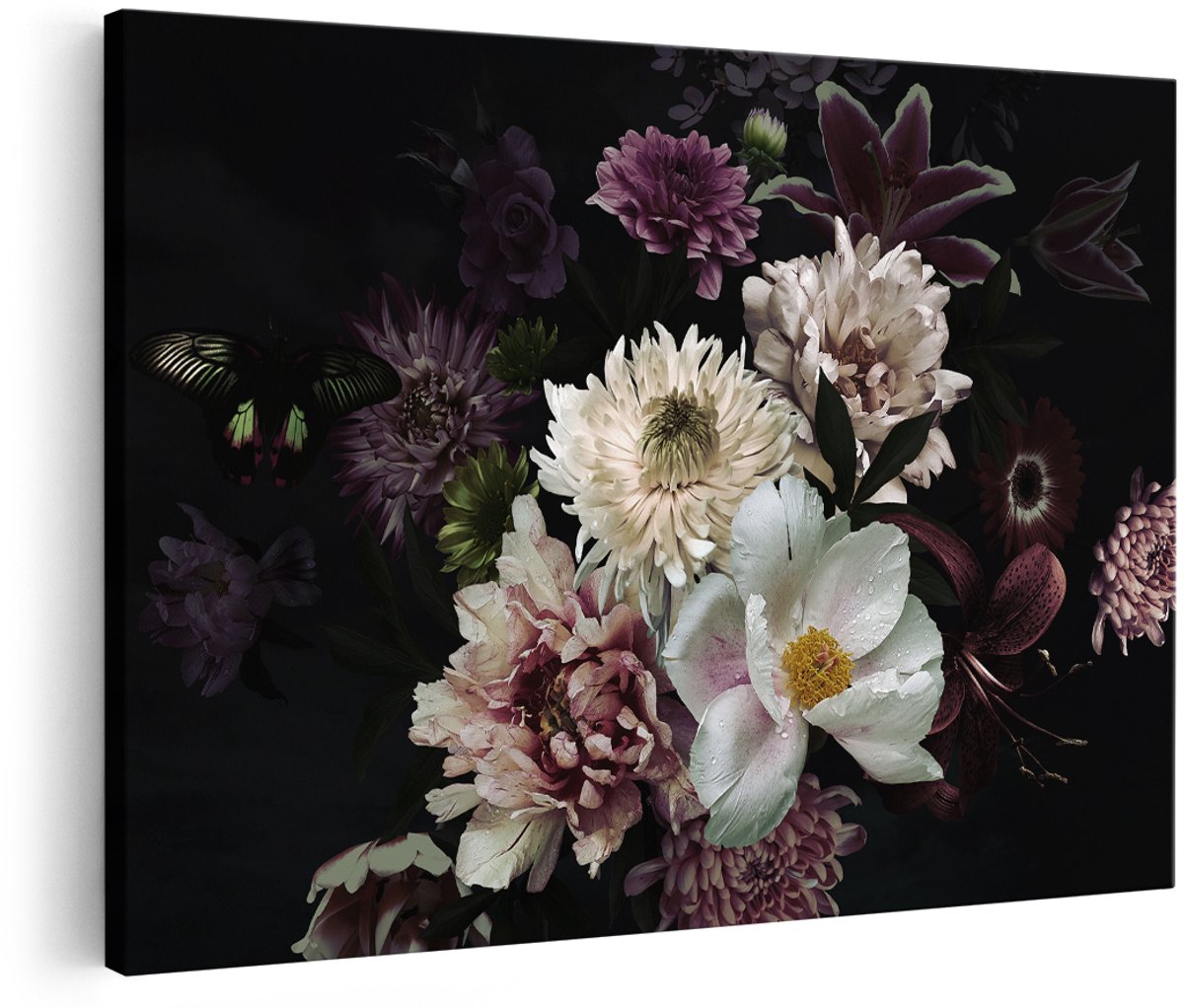 Artaza Canvas Schilderij Diverse Bloemen Op Zwart Achtergrond - 150x100 cm - Groot - Wanddecoratie Woonkamer - Schilderijen - Muurdecoratie
