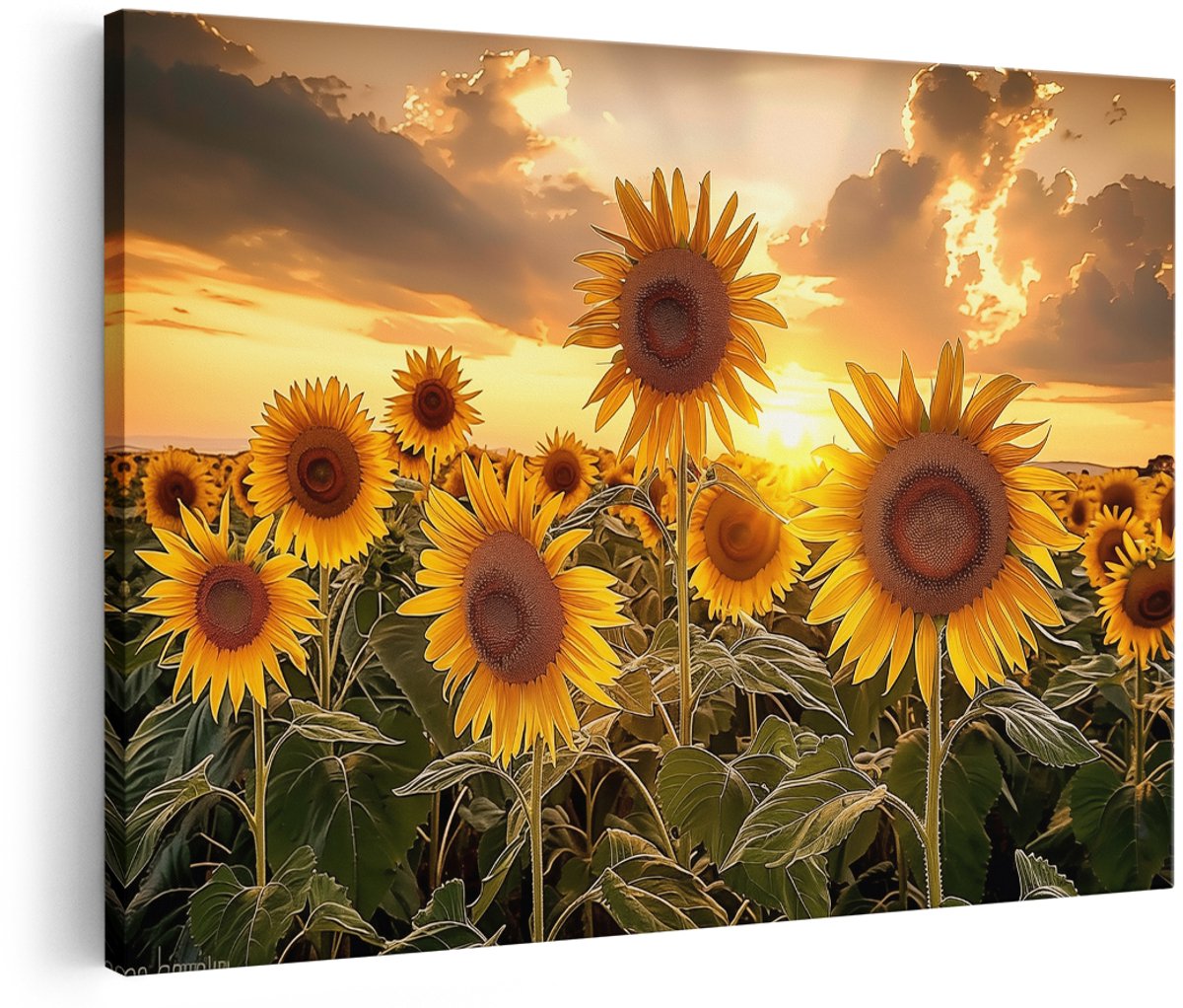 Artaza Canvas Schilderij Zonnebloemen in een Veld bij Zonsondergang - Bloemen - 150x100 cm - Groot - Wanddecoratie Woonkamer - Schilderijen - Muurdecoratie