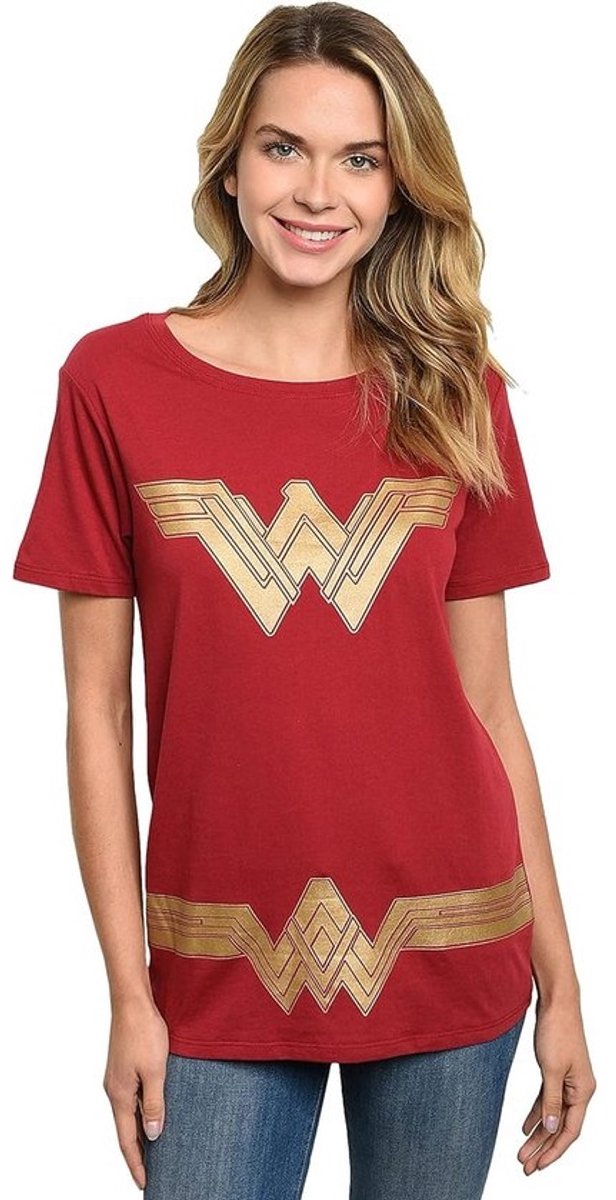 T-shirt voor dames met gouden logo, grafisch ontwerp, superhelden kostuum, Halloween, stripboek cosplay