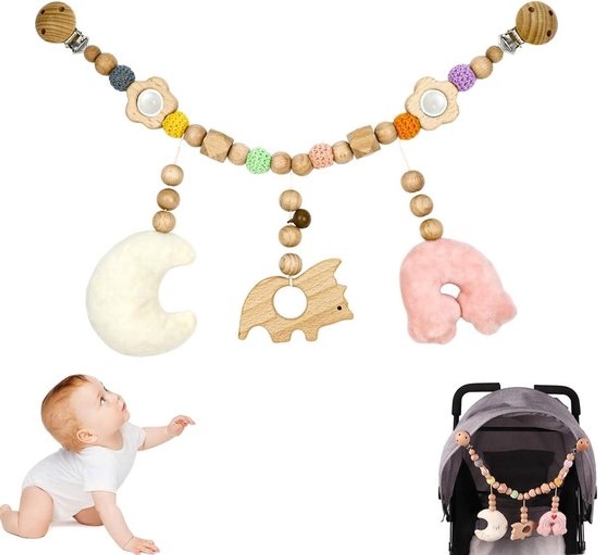 Houten Kinderwagenketting Regenboog Speelgoed voor Baby & Peuter vanaf 3 Maanden