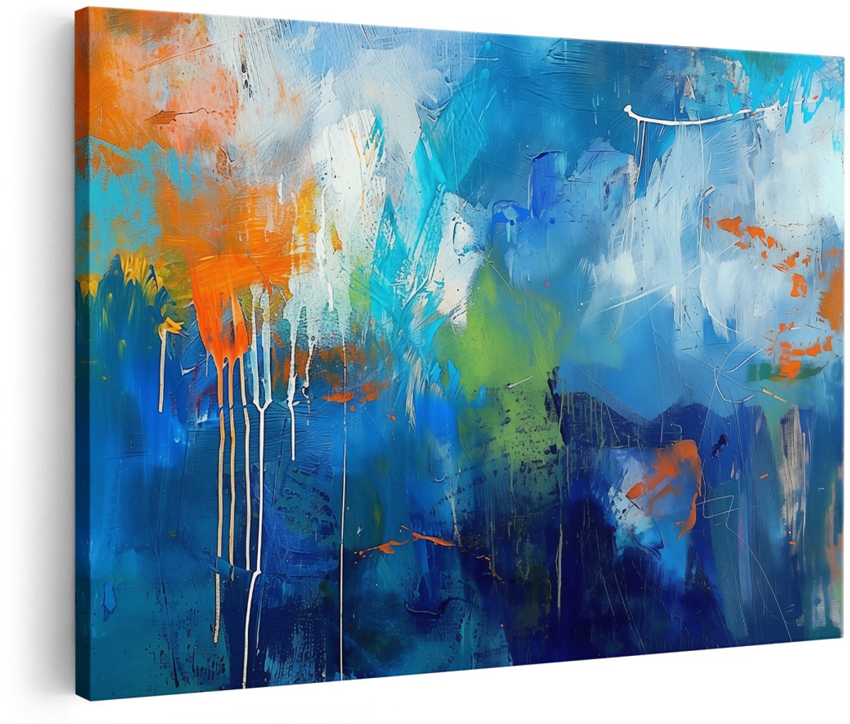 Artaza Canvas Schilderij Abstract Kunstwerk met Blauwe en Oranje Kleuren - 150x100 cm - Groot - Wanddecoratie Woonkamer - Schilderijen - Muurdecoratie