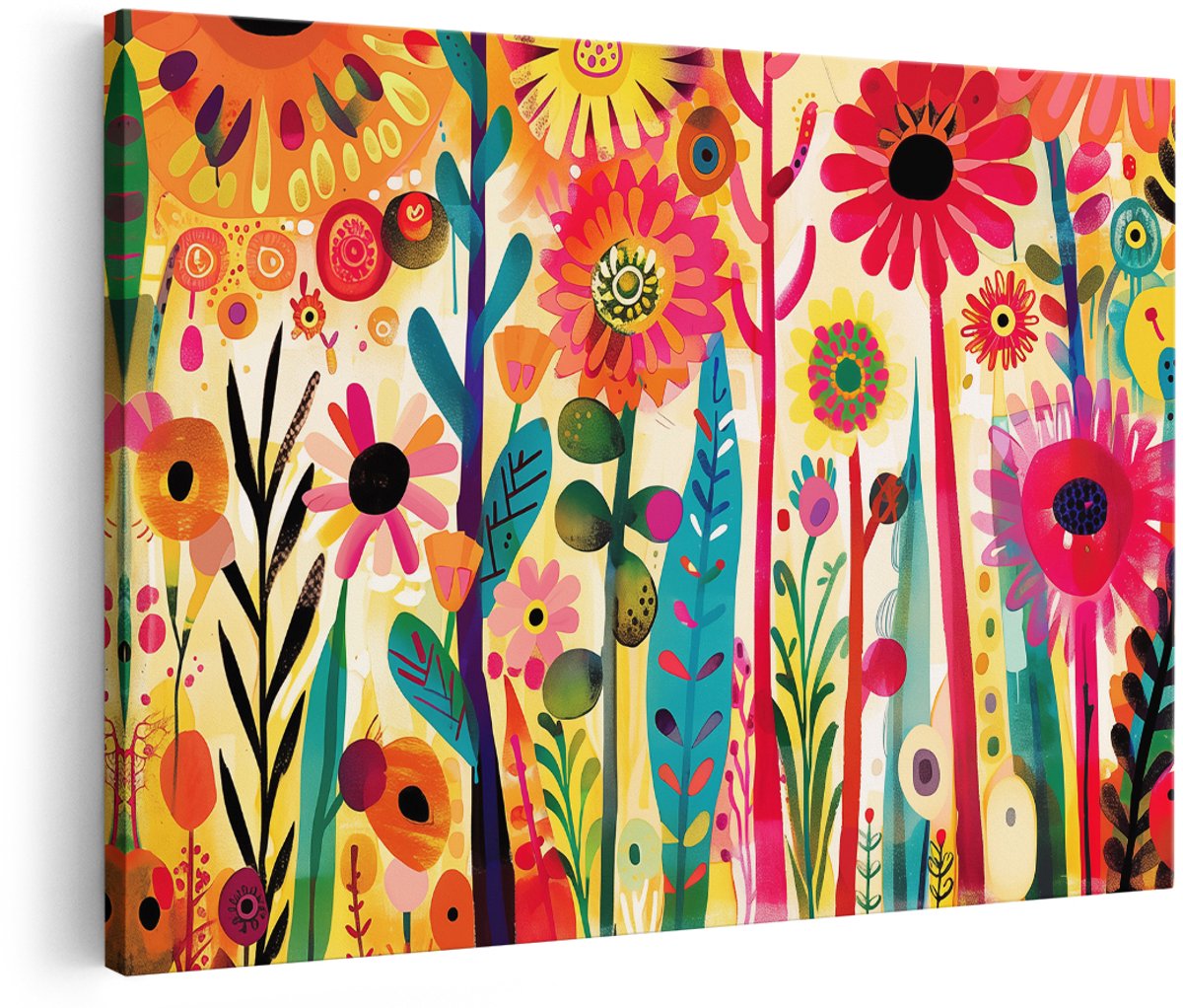 Artaza Canvas Schilderij Kleurrijke Bloemen in een Veld - 150x100 cm - Groot - Wanddecoratie Woonkamer - Schilderijen - Muurdecoratie