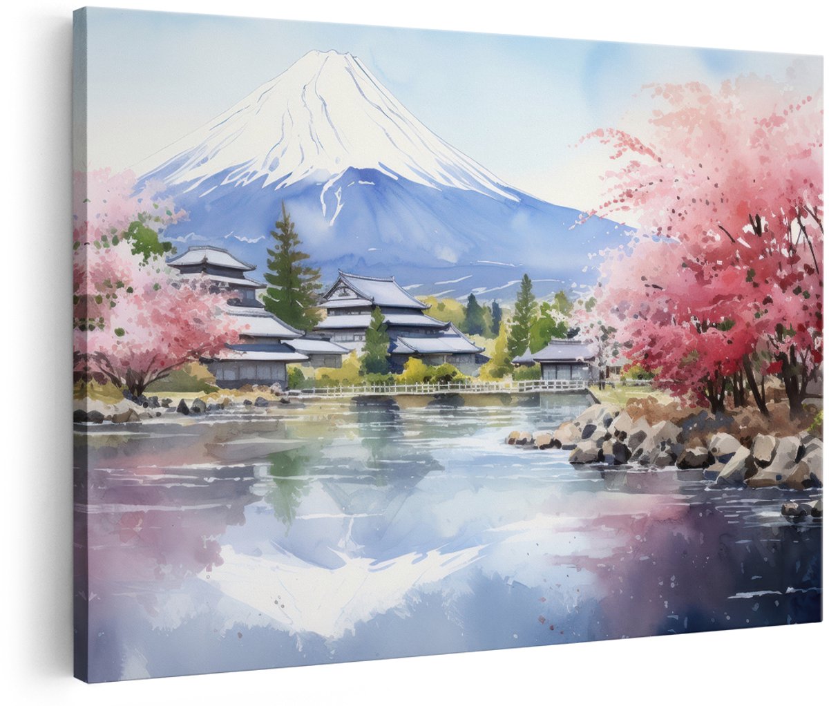 Artaza Canvas Schilderij Berg Fuji - 150x100 cm - Groot - Wanddecoratie Japandi - Muurdecoratie Kersenbloesem - Decoratie Japan Landschap