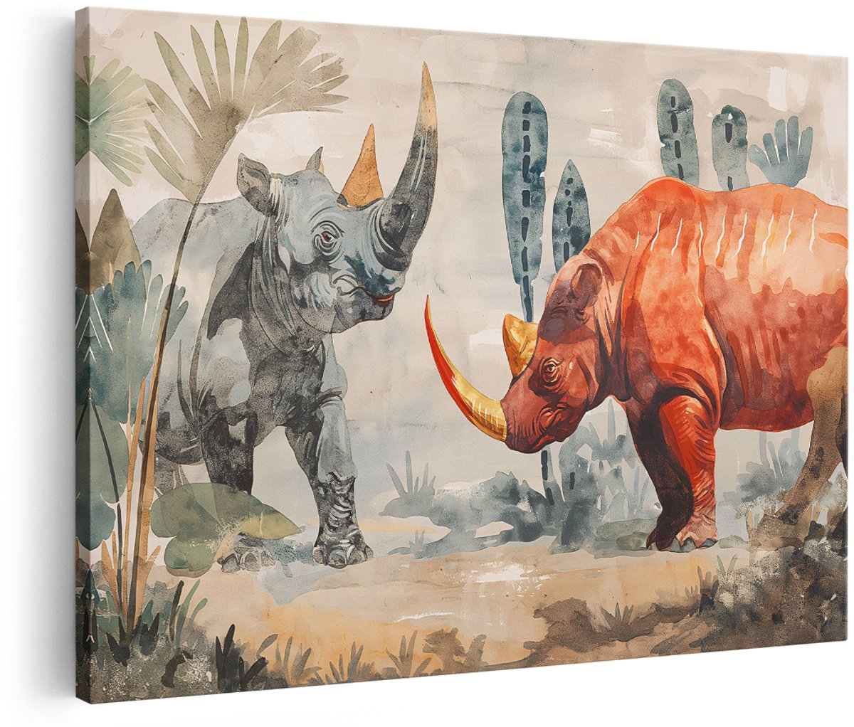 Artaza Canvas Schilderij Neushoorns - 150x100 cm - Groot - Wanddecoratie Dieren - Muurdecoratie Afrika - Decoratie Aquarel Natuur - Oranje