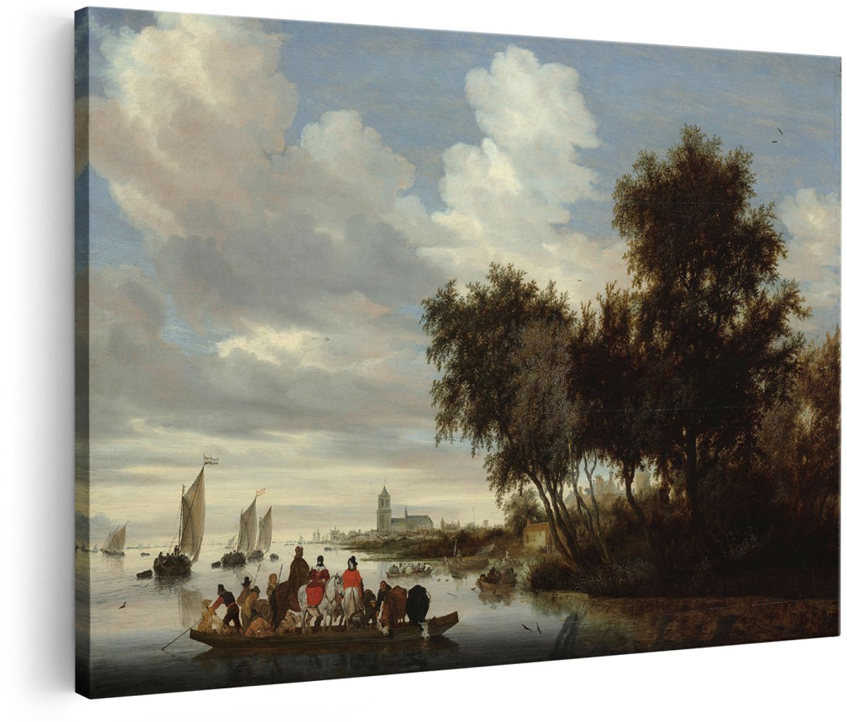 Artaza Canvas Schilderij Rivierlandschap met een Veerboot - Salomon van Ruysdael - 150x100 cm - Groot - Kunst - Wanddecoratie