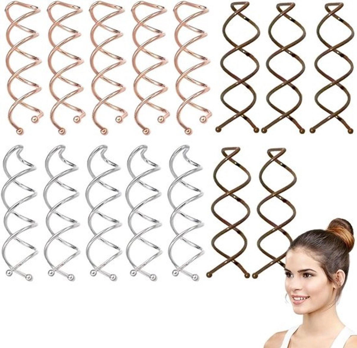 Haarspelden Set - Haaraccessoires Spiraal - Haar Stijlen - Zachte Punten - 15 Stuks - Metaal