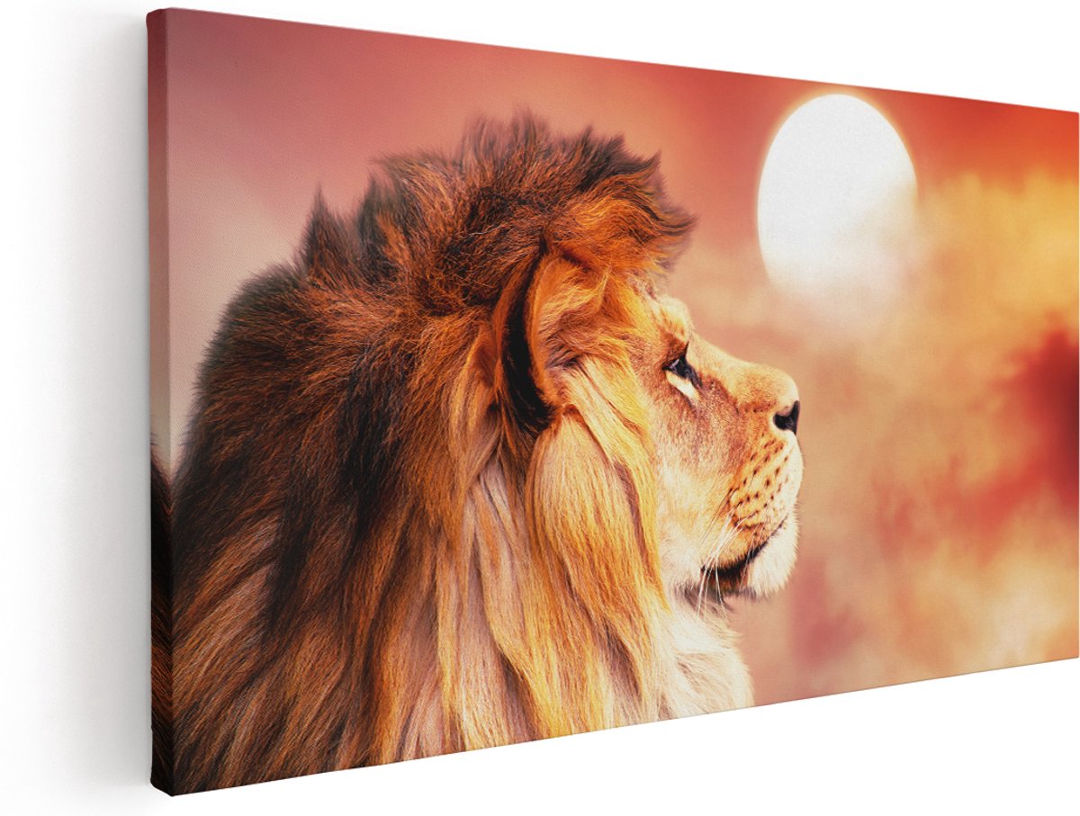 Artaza Canvas Schilderij Leeuw - Leeuwenkop - Tijdens Zonsopkomst - 140x70 cm - Groot - Wanddecoratie Woonkamer - Schilderijen - Muurdecoratie