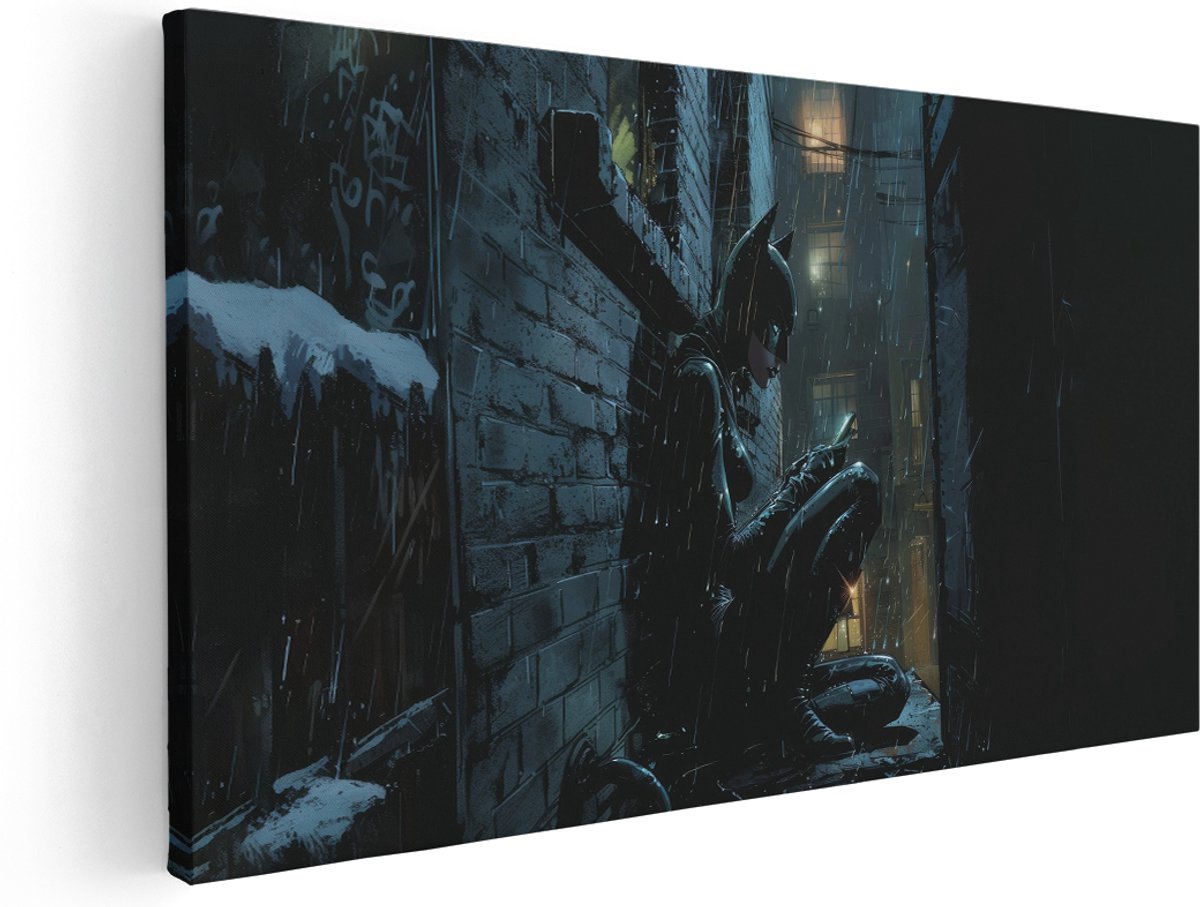 Artaza Canvas Schilderij Vrouw In Kattenpak - 140x70 cm - Groot - Wanddecoratie Industrieel - Muurdecoratie Steeg - Kamer Accessoires Donker