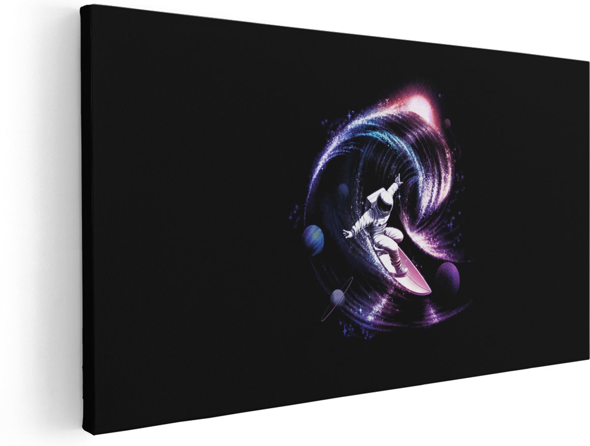 Artaza Canvas Schilderij Surfende Astronaut - 140x70 cm - Groot - Wanddecoratie Heelal - Muurdecoratie Sterren - Decoratie Kosmische Golf - Paars