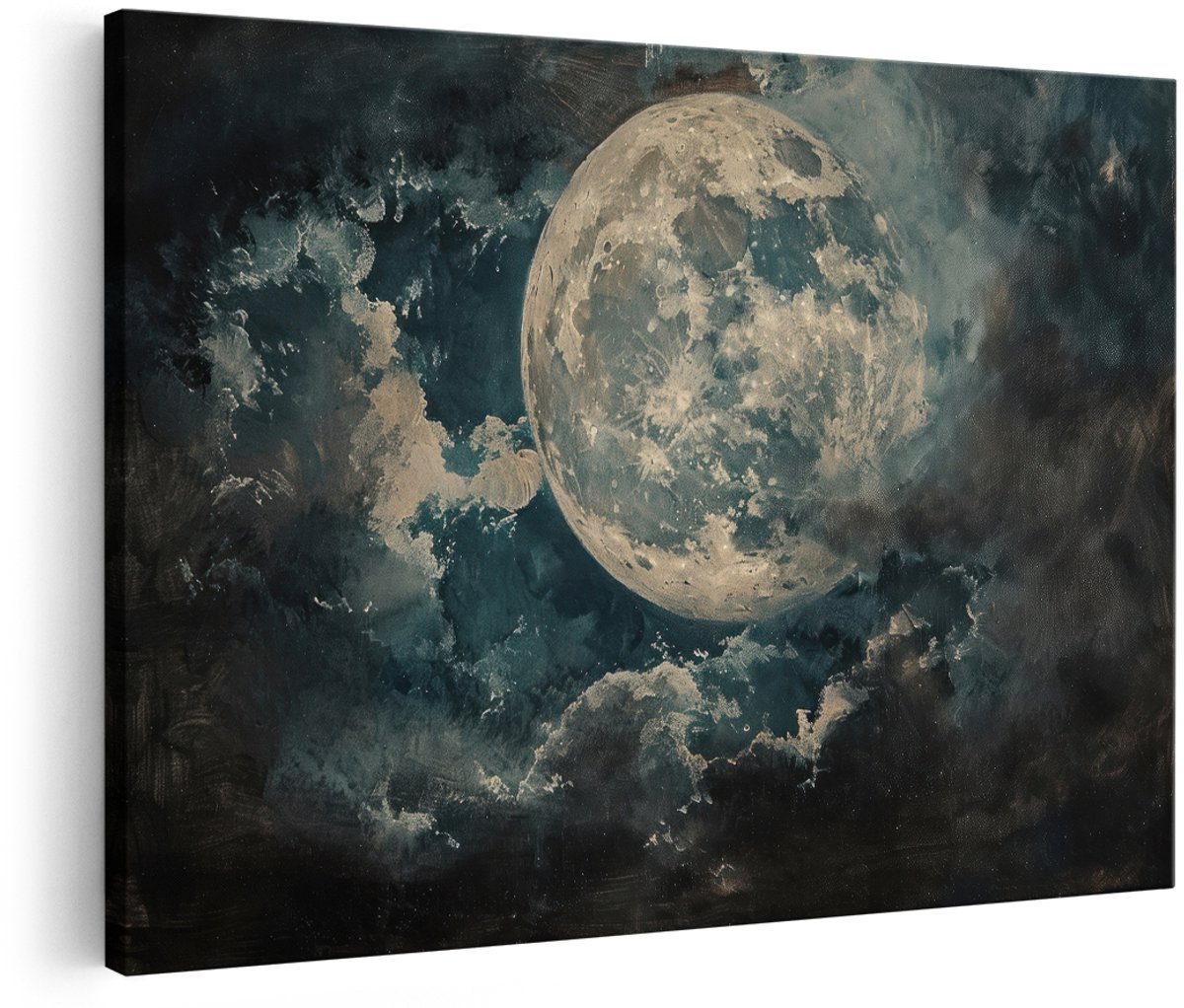 Artaza Canvas Schilderij Maan - 150x100 cm - Groot - Wanddecoratie Volle Maan - Muurdecoratie Nachtelijke Hemel - Decoratie Slaapkamer - Donkerblauw
