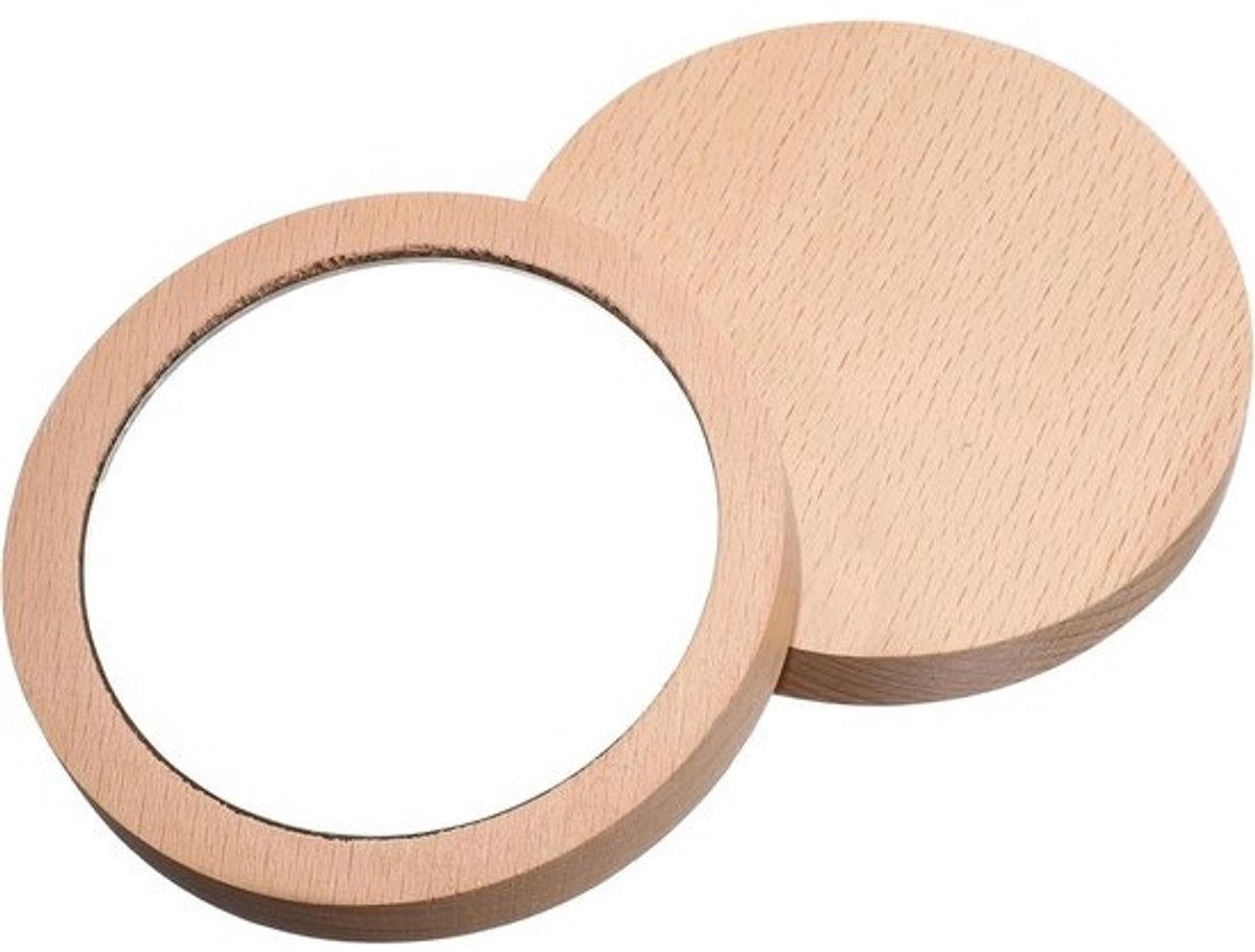 Set van 2 Houten Zakspiegels Rond - Compacte en Draagbare Handspiegel voor Handtas
