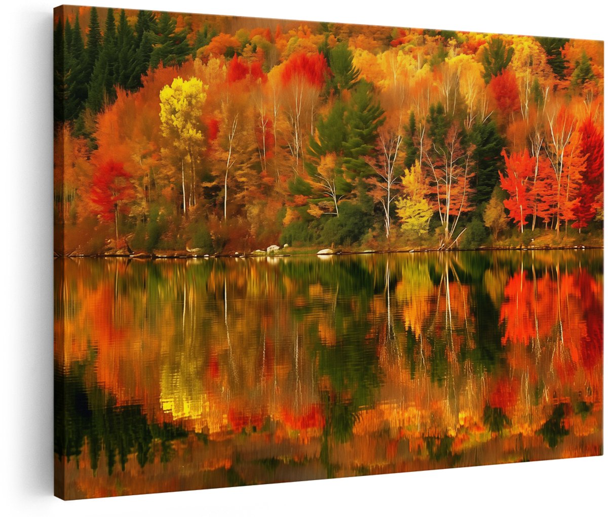 Artaza Canvas Schilderij Kleurrijke Herfstbomen Weerspiegeld in een Meer - Landschap - 180x120 cm - Groot - Wanddecoratie Woonkamer - Schilderijen - Muurdecoratie