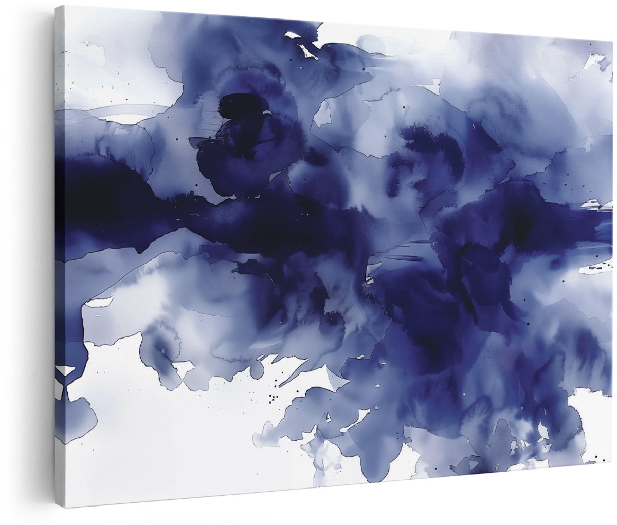 Artaza Canvas Schilderij Blauwe Inkt Spatten op een Witte Achtergrond - 180x120 cm - Groot - Wanddecoratie Woonkamer - Schilderijen - Muurdecoratie