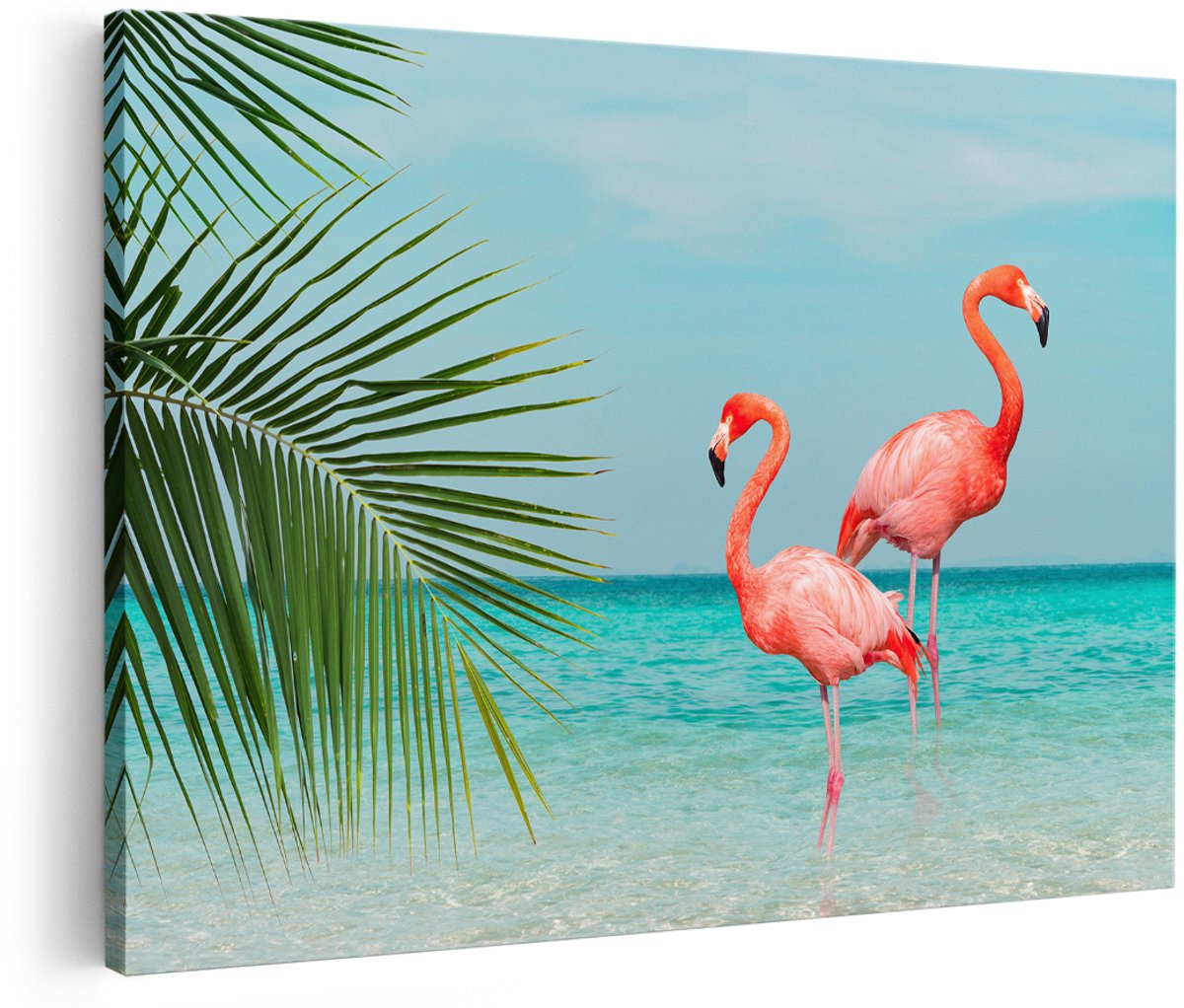 Artaza Canvas Schilderij Twee Flamingo's in het Water - 180x120 cm - Groot - Foto Op Canvas - Wanddecoratie Woonkamer