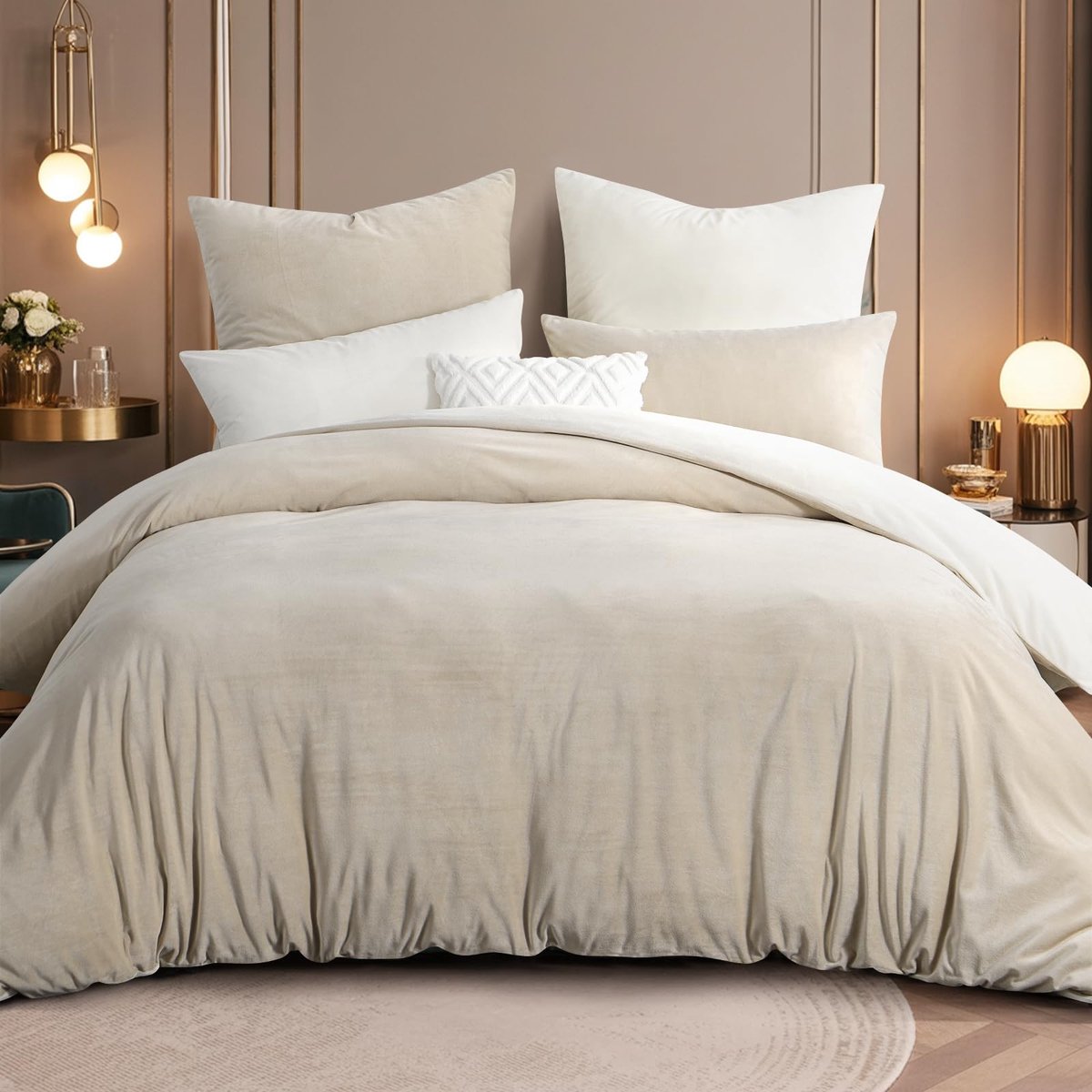 RUIKASI Flanellen beddengoed, 220 x 240 cm, 3-delig, beige-wit, warm, winter, beddengoed, knuffelpluche, fleece - ShopVlot