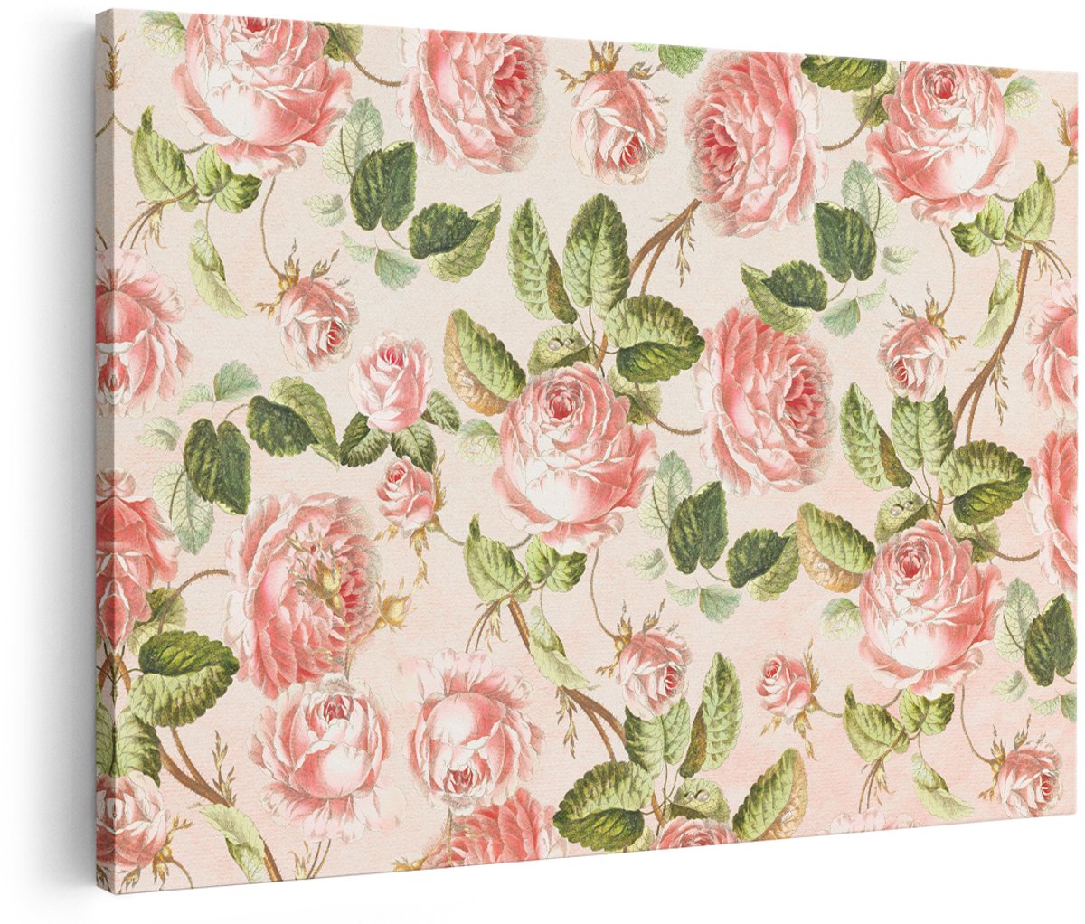 Artaza Canvas Schilderij Roze Rozen - 180x120 cm - Groot - Wanddecoratie Bloemen Vintage - Muurdecoratie Romantisch - Decoratie Woonkamer Brocante
