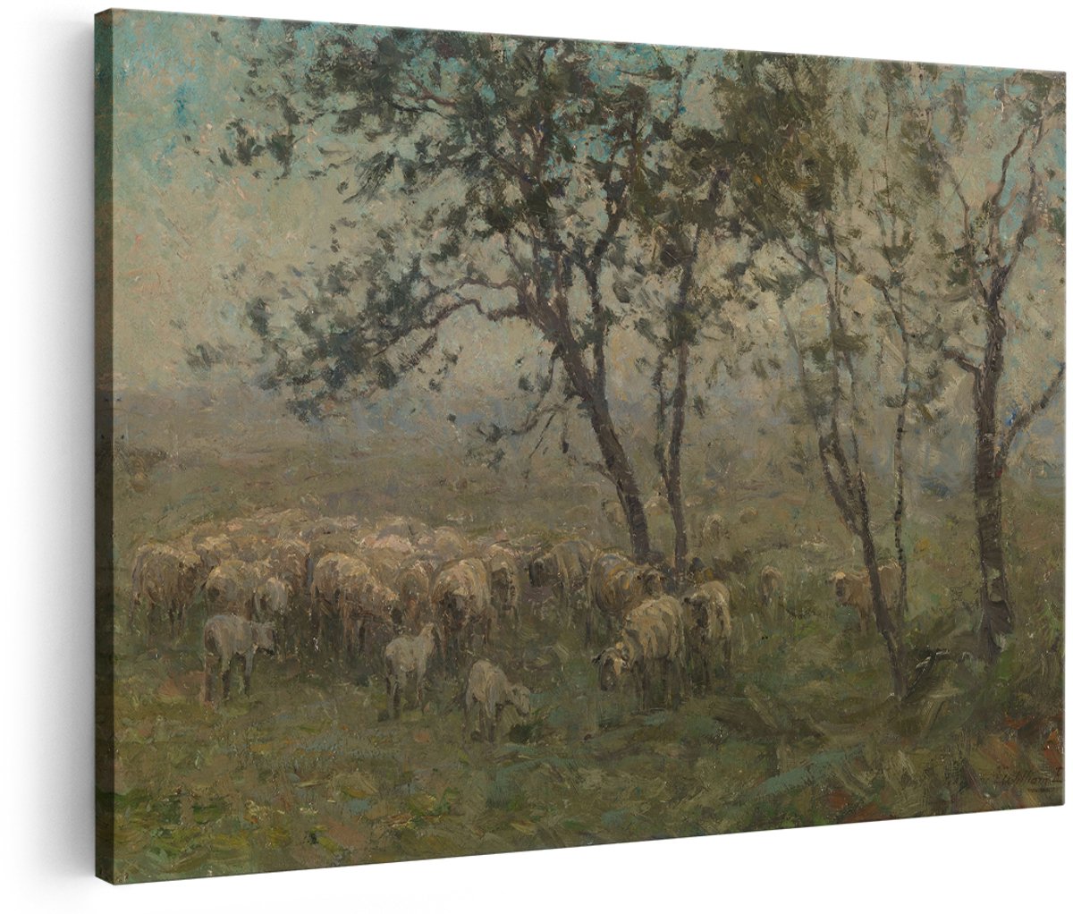 Artaza Canvas Schilderij Schapen - 180x120 cm - Groot - Wanddecoratie Landschap - Muurdecoratie Oude Meesters - Decoratie Bomen Natuur