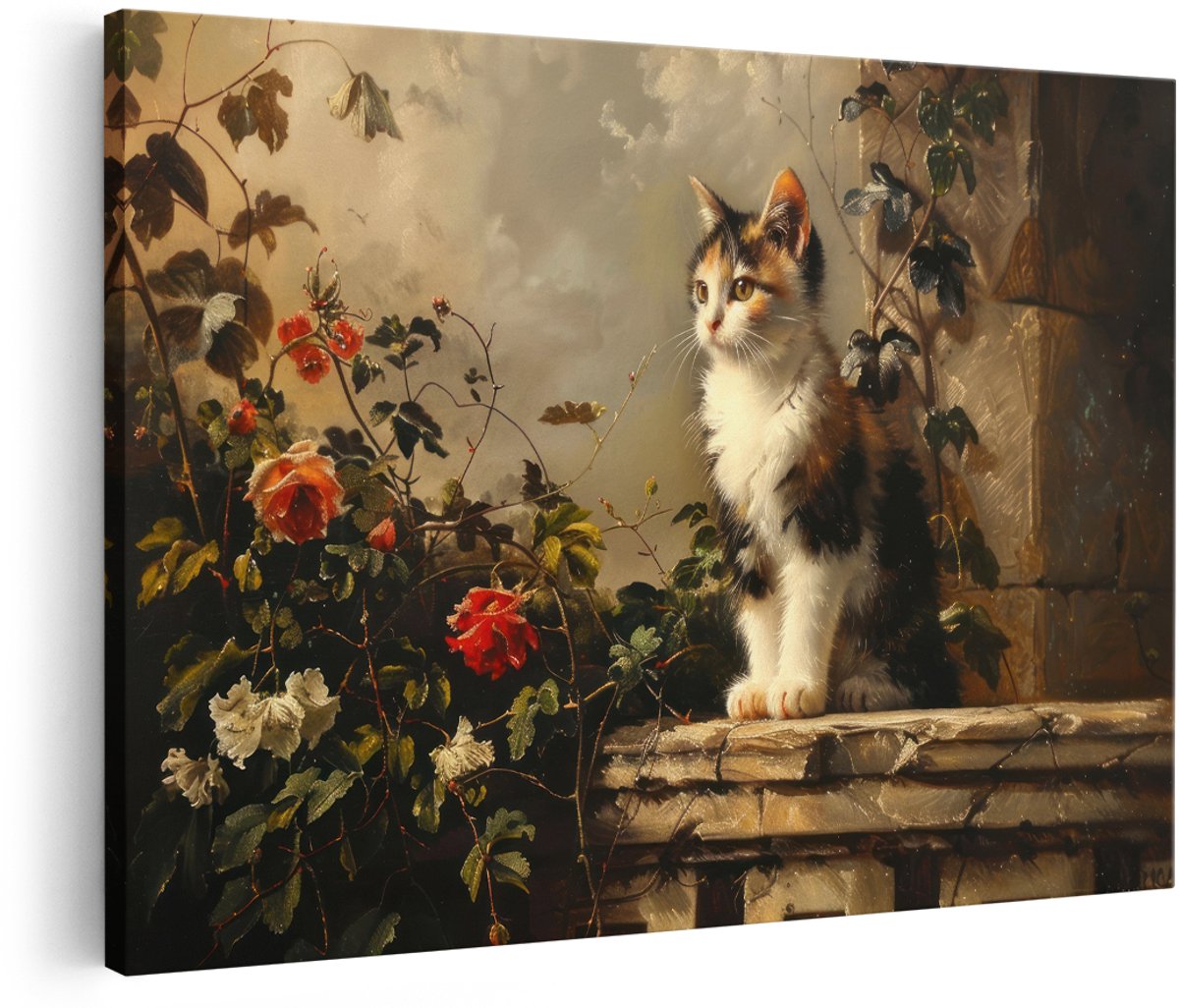 Artaza Canvas Schilderij Schildpadkat - 180x120 cm - Groot - Wanddecoratie Rozen - Muurdecoratie Vintage Schilderij - Decoratie Dieren Kat
