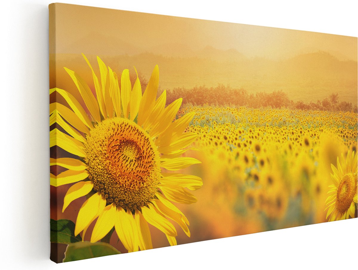 Artaza Canvas Schilderij Zonnebloemen Veld Met Zonopkomst - 180x90 cm - Groot - Wanddecoratie Woonkamer - Schilderijen - Muurdecoratie