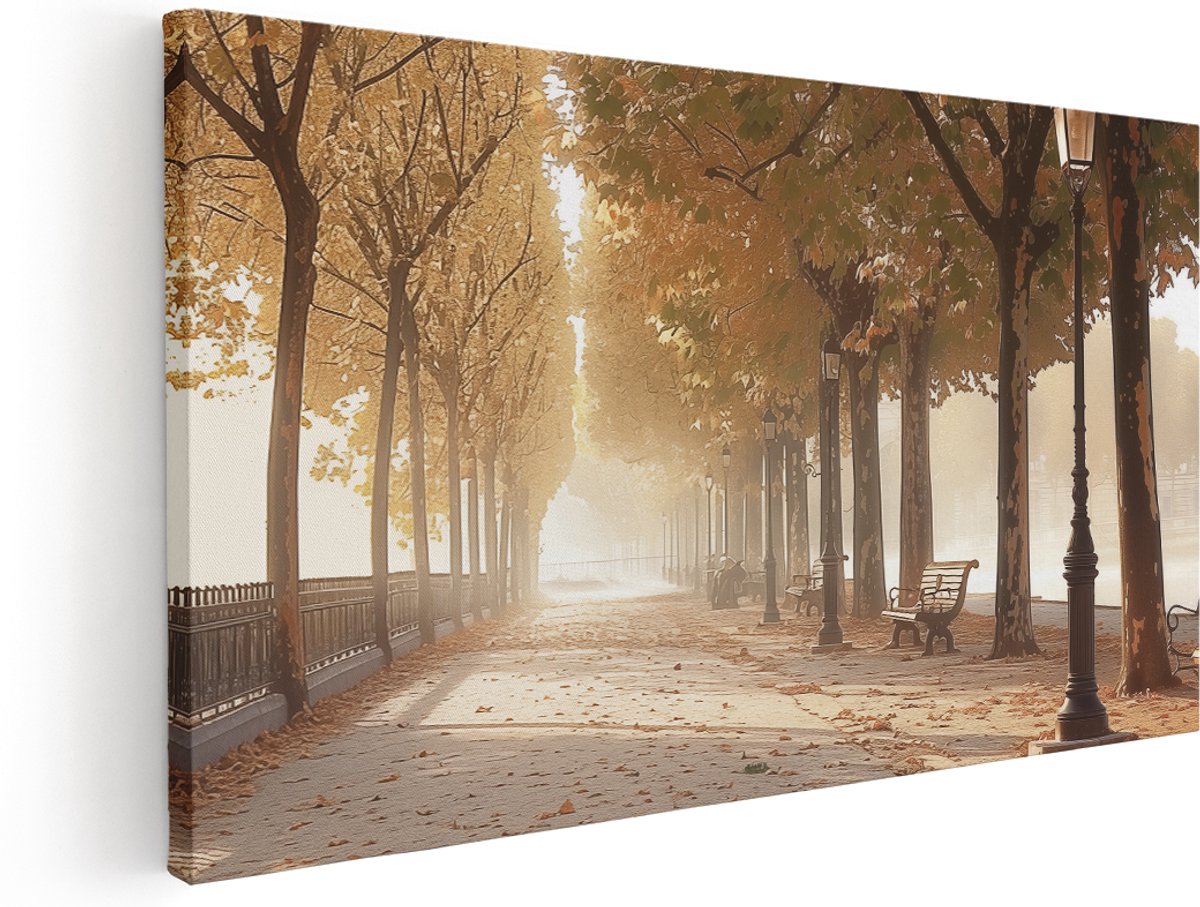Artaza Canvas Schilderij Park met Bankjes en Bomen - 180x90 cm - Groot - Klein - Wanddecoratie Woonkamer - Schilderijen - Muurdecoratie