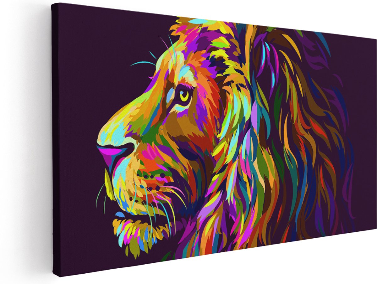 Artaza Canvas Schilderij Gekleurde Leeuw - Leeuwenkop - Abstract - 180x90 cm - Groot - Wanddecoratie Woonkamer - Schilderijen - Muurdecoratie